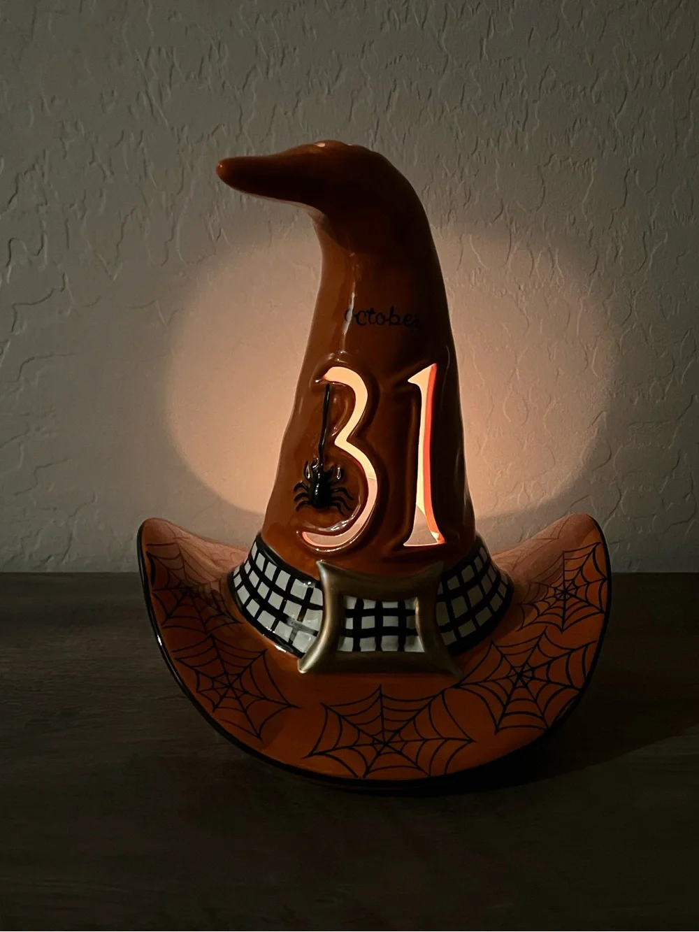 Blue Sky October 31 Orange Spider Web Witch Hat Ceramic Halloween Candle Holder
